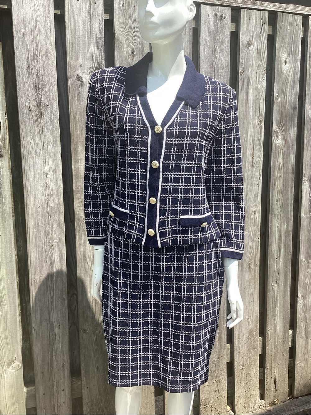 St. John Collection Navy and White Plaid Knit Skirt Set